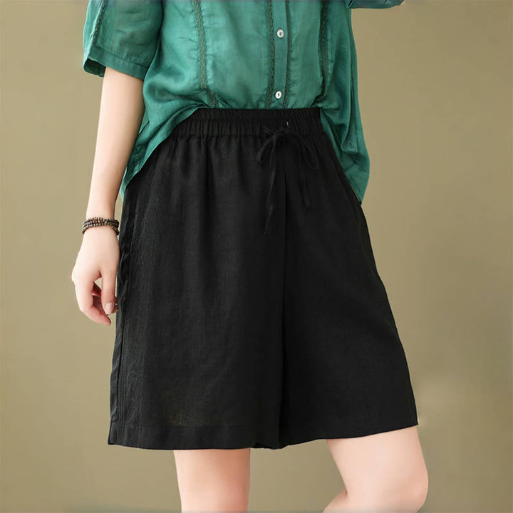 Buddha Stones Summer Casual Embroidery Pattern Cotton Linen Women's Shorts With Pockets
