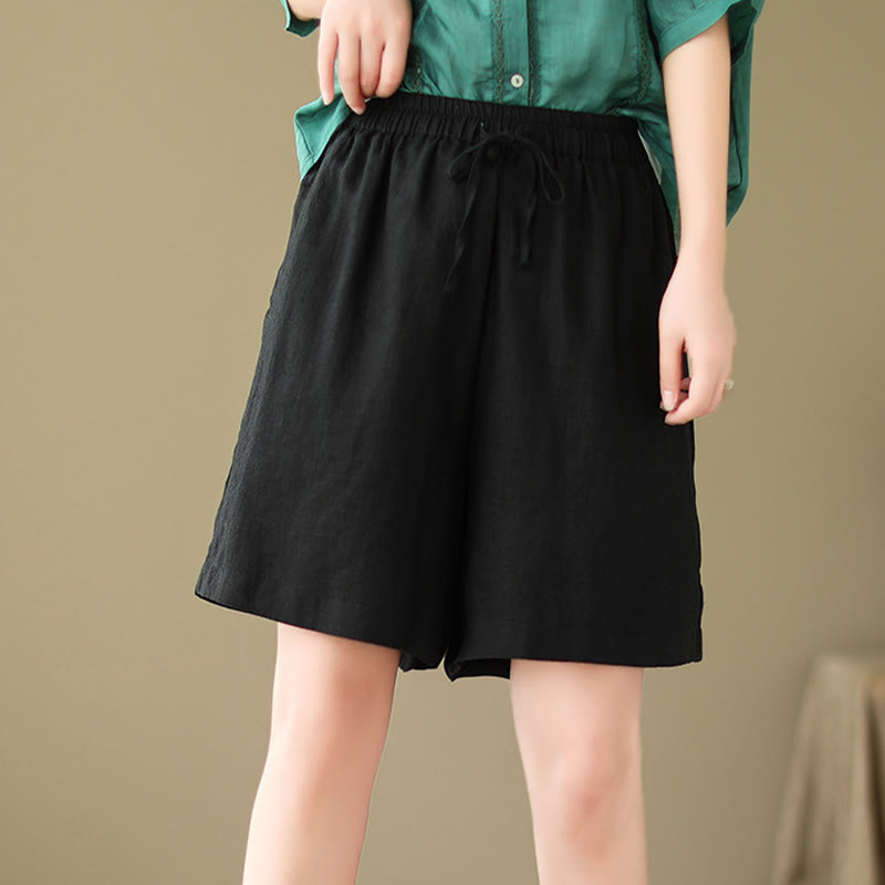 Buddha Stones Summer Casual Embroidery Pattern Cotton Linen Women's Shorts With Pockets