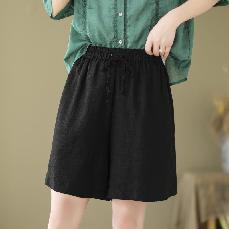 Buddha Stones Summer Casual Embroidery Pattern Cotton Linen Women's Shorts With Pockets
