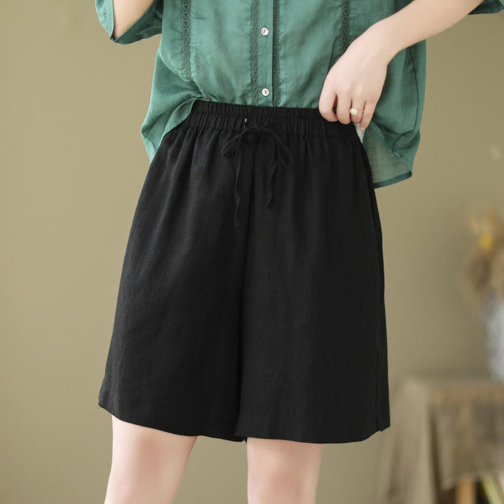 Buddha Stones Summer Casual Embroidery Pattern Cotton Linen Women's Shorts With Pockets