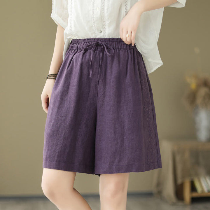 Buddha Stones Summer Casual Embroidery Pattern Cotton Linen Women's Shorts With Pockets
