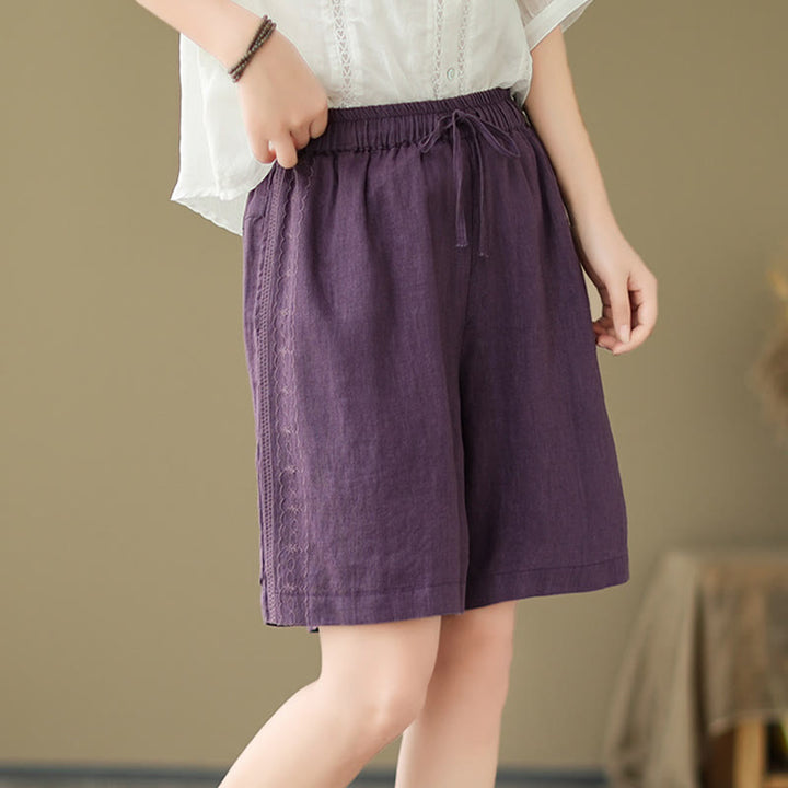 Buddha Stones Summer Casual Embroidery Pattern Cotton Linen Women's Shorts With Pockets
