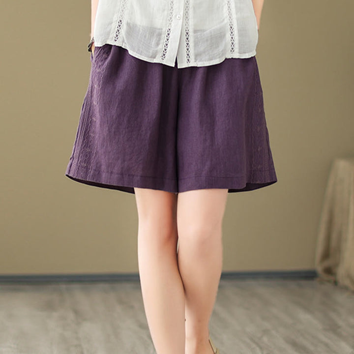 Buddha Stones Summer Casual Embroidery Pattern Cotton Linen Women's Shorts With Pockets
