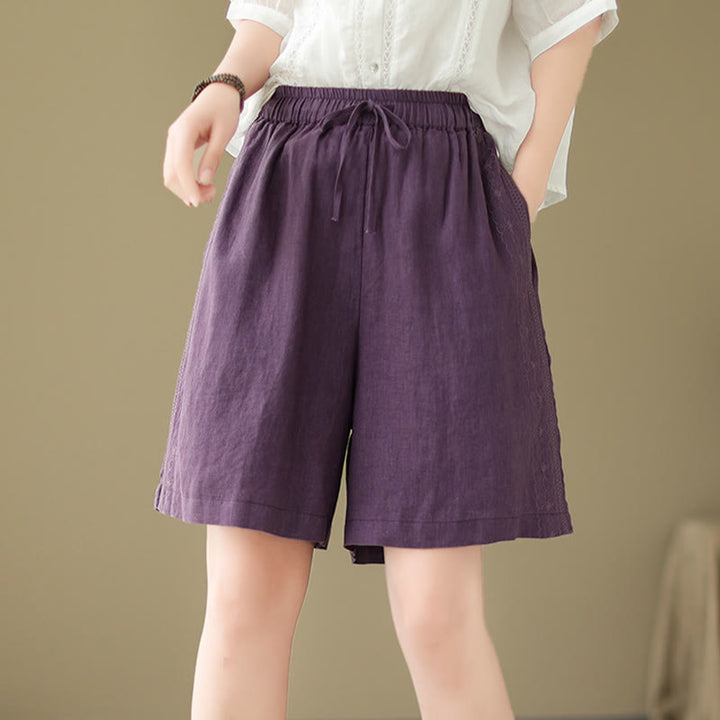 Buddha Stones Summer Casual Embroidery Pattern Cotton Linen Women's Shorts With Pockets