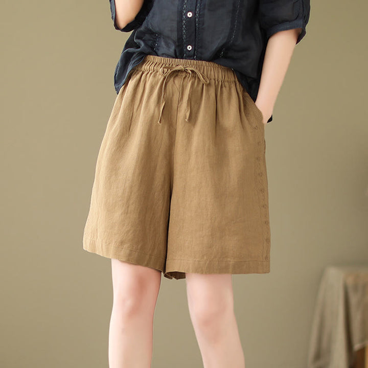 Buddha Stones Summer Casual Embroidery Pattern Cotton Linen Women's Shorts With Pockets