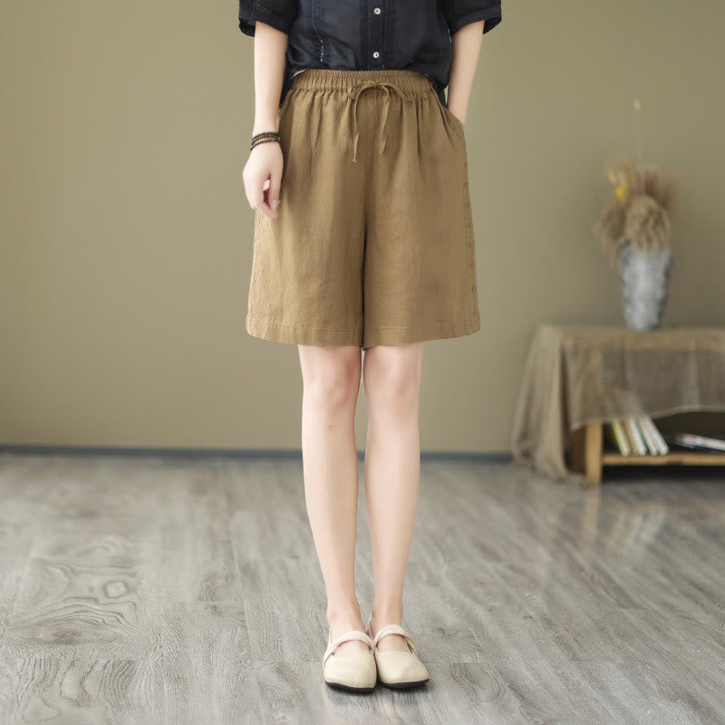 Buddha Stones Summer Casual Embroidery Pattern Cotton Linen Women's Shorts With Pockets