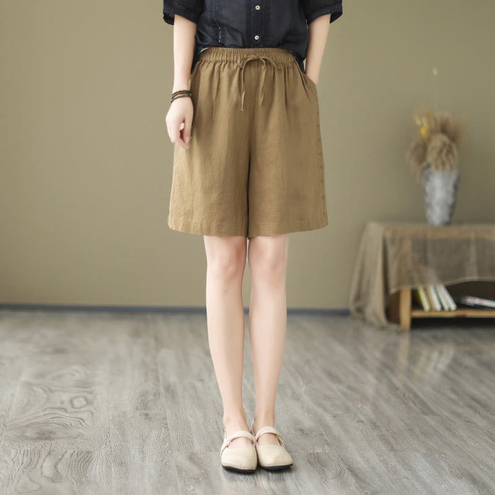 Buddha Stones Summer Casual Embroidery Pattern Cotton Linen Women's Shorts With Pockets