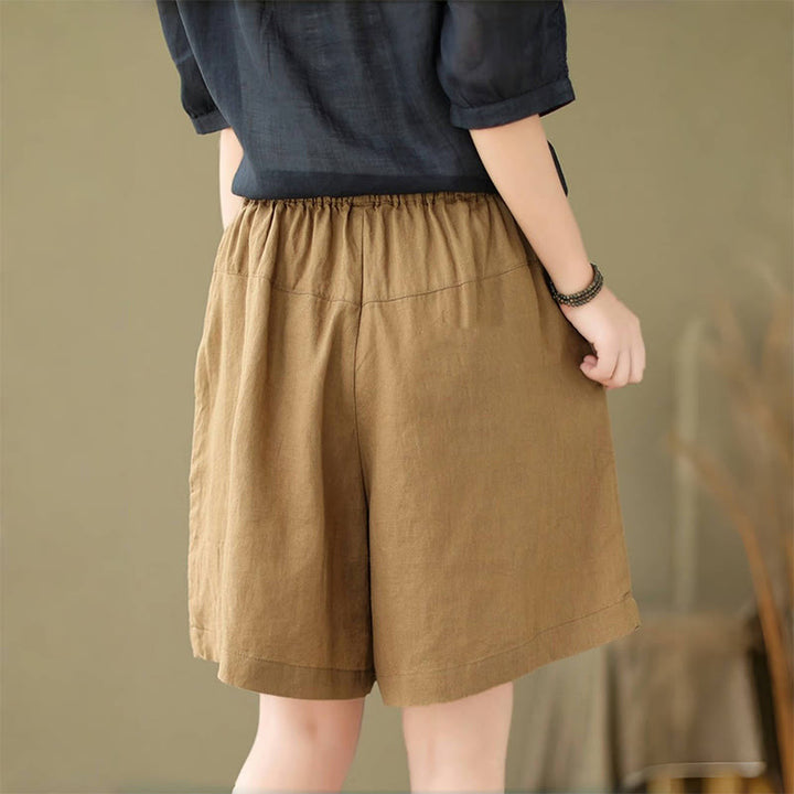 Buddha Stones Summer Casual Embroidery Pattern Cotton Linen Women's Shorts With Pockets