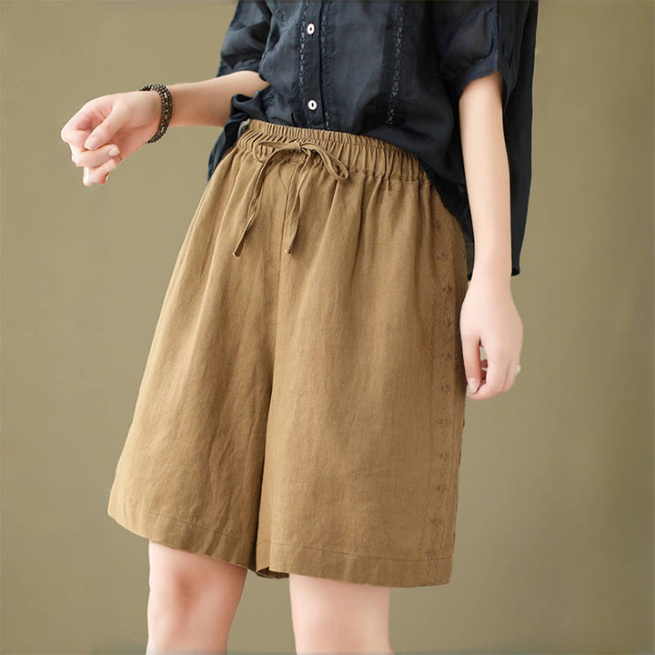 Buddha Stones Summer Casual Embroidery Pattern Cotton Linen Women's Shorts With Pockets