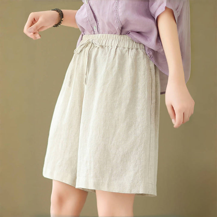 Buddha Stones Summer Casual Embroidery Pattern Cotton Linen Women's Shorts With Pockets