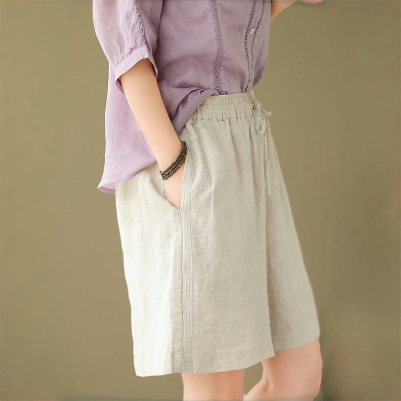 Buddha Stones Summer Casual Embroidery Pattern Cotton Linen Women's Shorts With Pockets