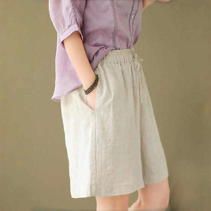 Buddha Stones Summer Casual Embroidery Pattern Cotton Linen Women's Shorts With Pockets