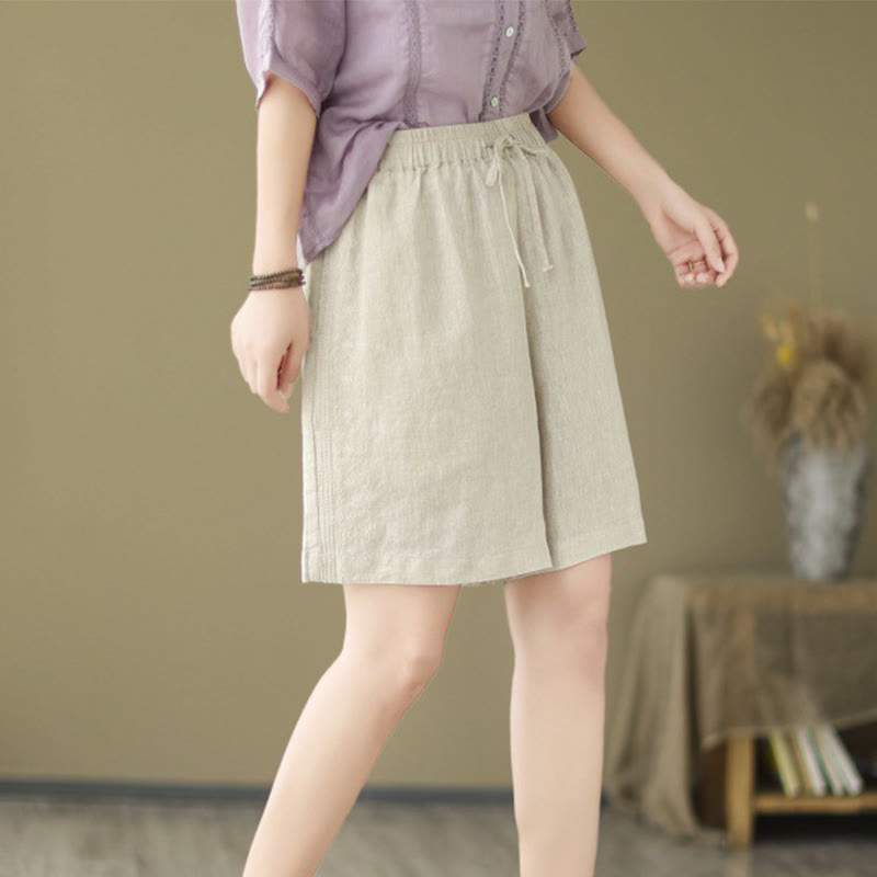 Buddha Stones Summer Casual Embroidery Pattern Cotton Linen Women's Shorts With Pockets