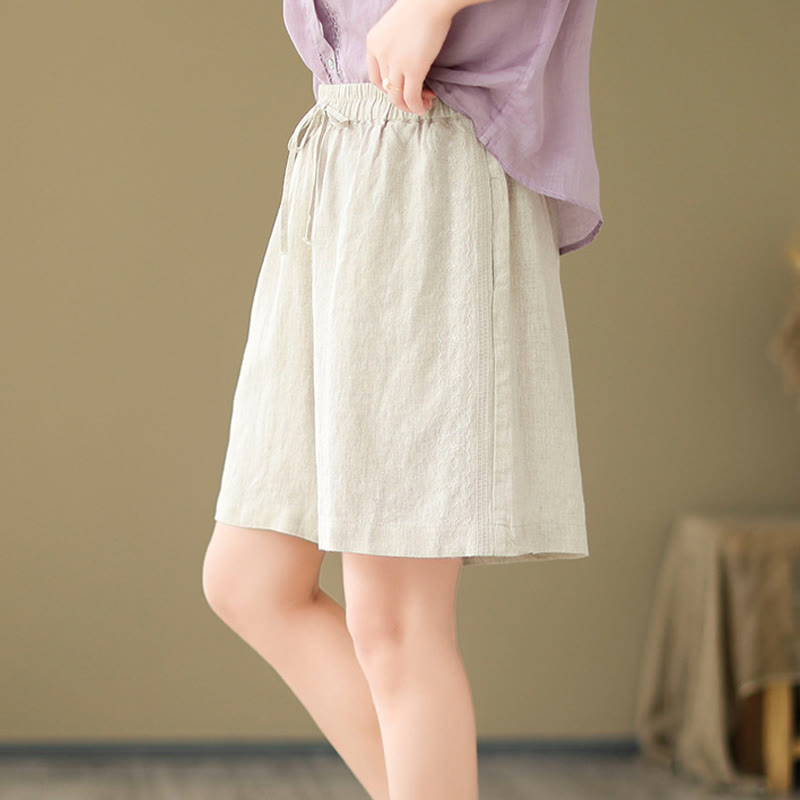 Buddha Stones Summer Casual Embroidery Pattern Cotton Linen Women's Shorts With Pockets