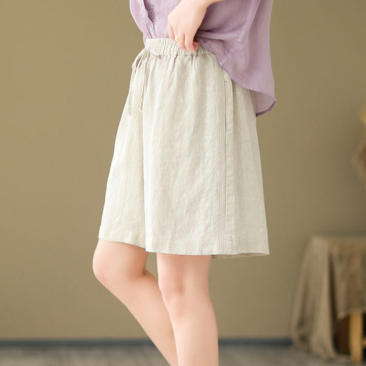 Buddha Stones Summer Casual Embroidery Pattern Cotton Linen Women's Shorts With Pockets