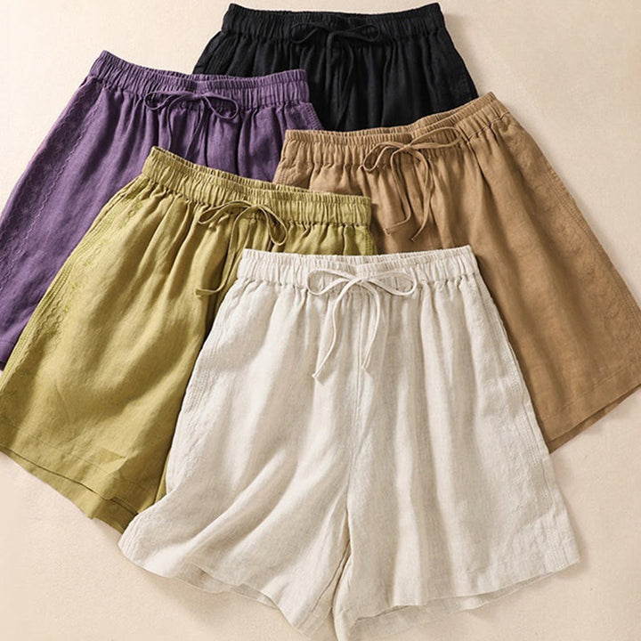 Buddha Stones Summer Casual Embroidery Pattern Cotton Linen Women's Shorts With Pockets