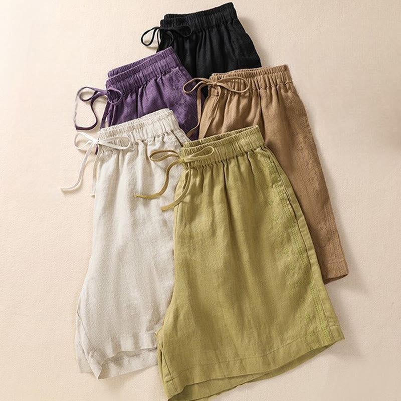 Buddha Stones Summer Casual Embroidery Pattern Cotton Linen Women's Shorts With Pockets