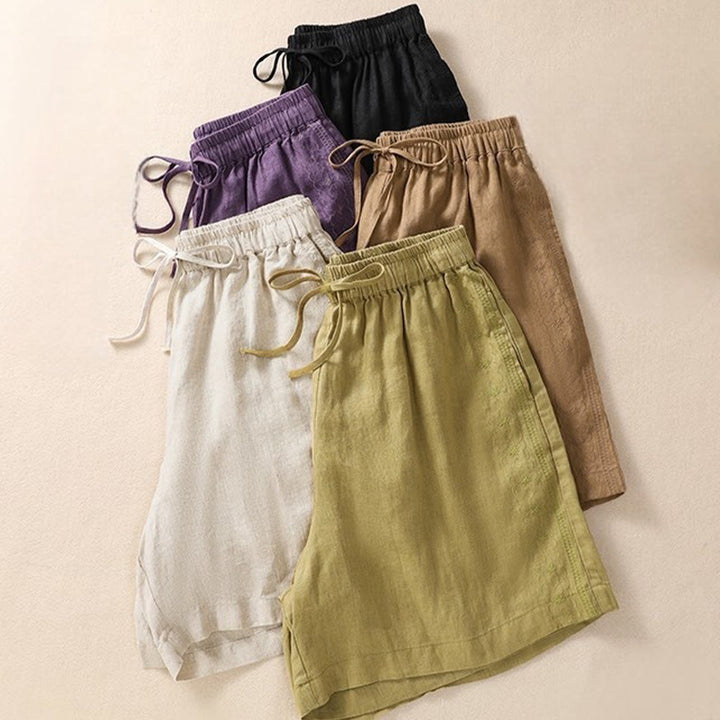 Buddha Stones Summer Casual Embroidery Pattern Cotton Linen Women's Shorts With Pockets