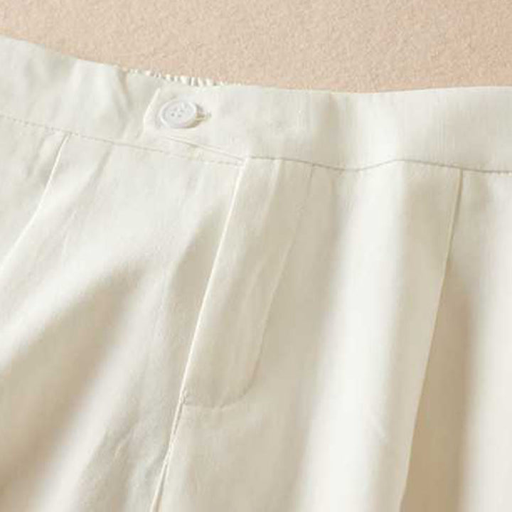Buddha Stones Summer Casual Plain Cotton Linen Zipper Button Women's Shorts With Pockets