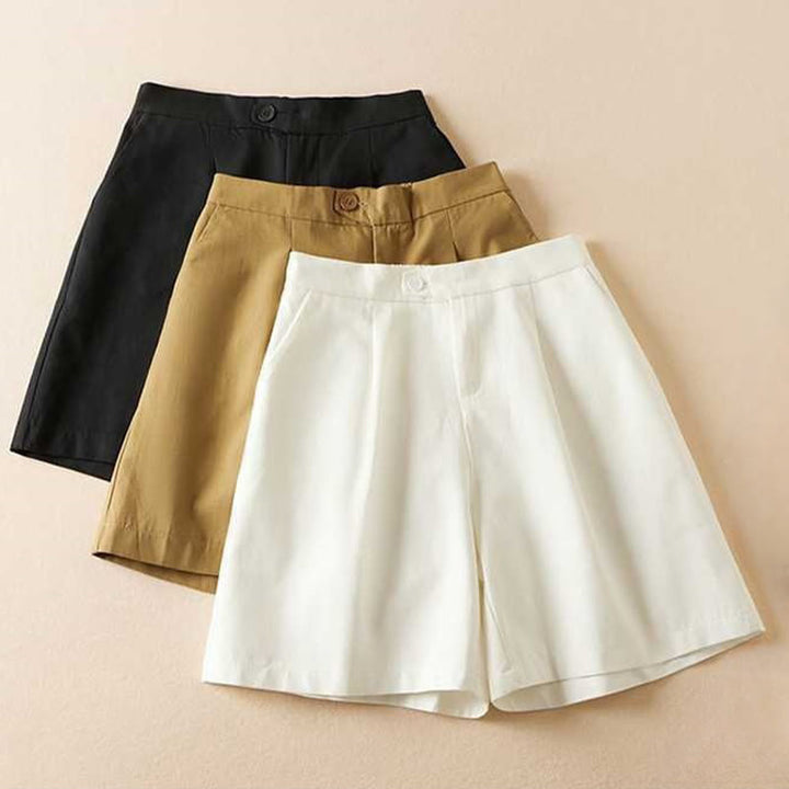 Buddha Stones Summer Casual Plain Cotton Linen Zipper Button Women's Shorts With Pockets