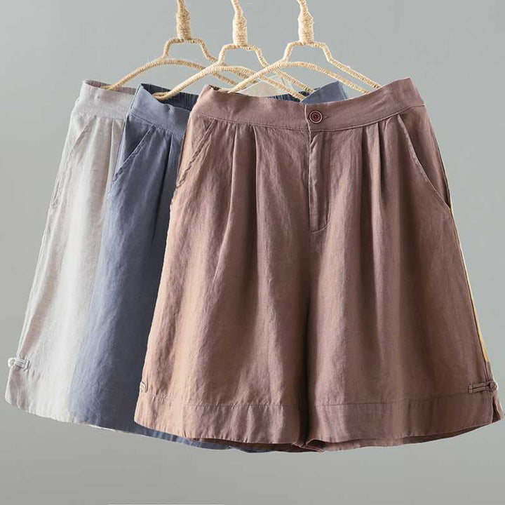 Buddha Stones Summer Casual Solid Color Frog Button Zipper Button Acrylic Fiber Women's Shorts With Pockets