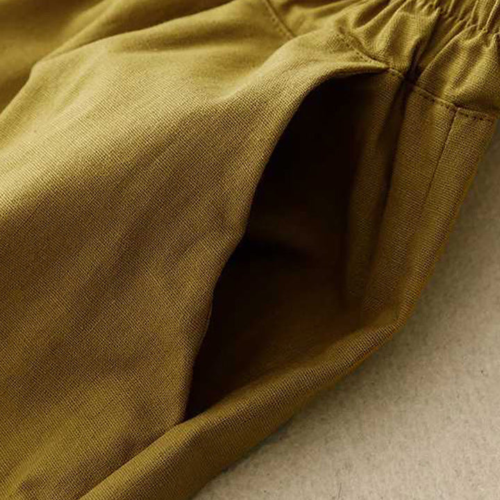 Buddha Stones Summer Casual Loose Plain Frog Button Cotton Linen Women's Shorts With Pockets