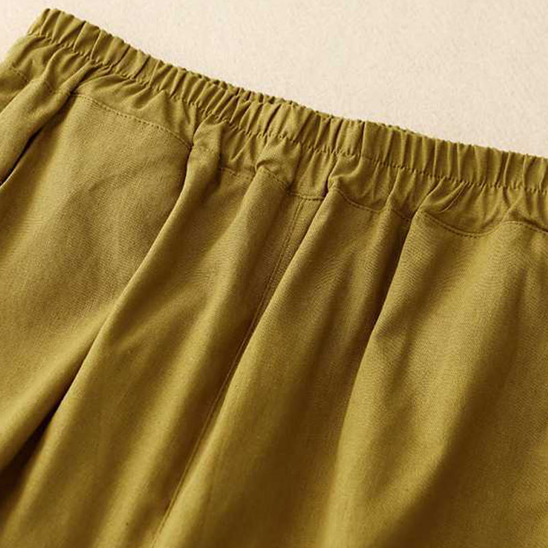 Buddha Stones Summer Casual Loose Plain Frog Button Cotton Linen Women's Shorts With Pockets