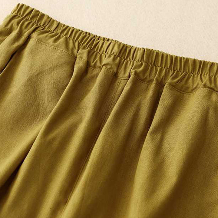 Buddha Stones Summer Casual Loose Plain Frog Button Cotton Linen Women's Shorts With Pockets
