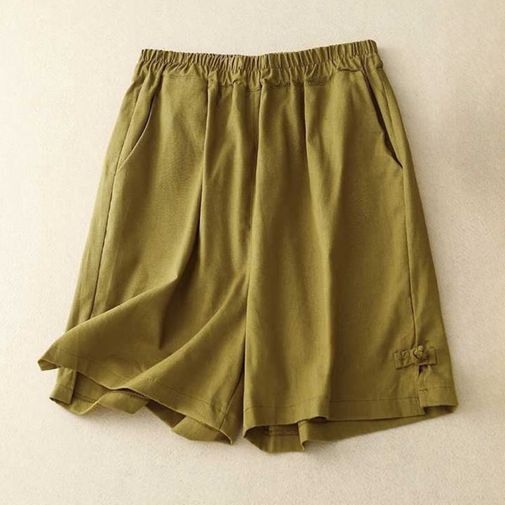 Buddha Stones Summer Casual Loose Plain Frog Button Cotton Linen Women's Shorts With Pockets