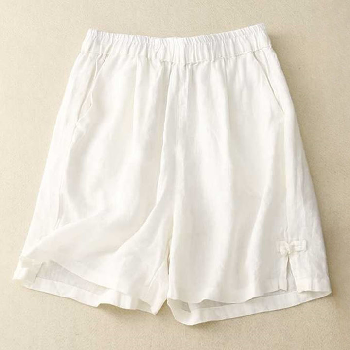 Buddha Stones Summer Casual Loose Plain Frog Button Cotton Linen Women's Shorts With Pockets
