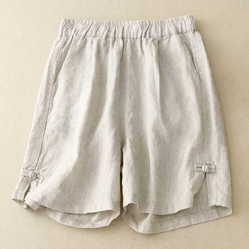 Buddha Stones Summer Casual Loose Plain Frog Button Cotton Linen Women's Shorts With Pockets