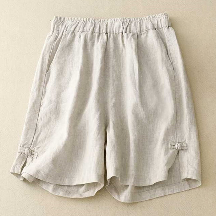 Buddha Stones Summer Casual Loose Plain Frog Button Cotton Linen Women's Shorts With Pockets