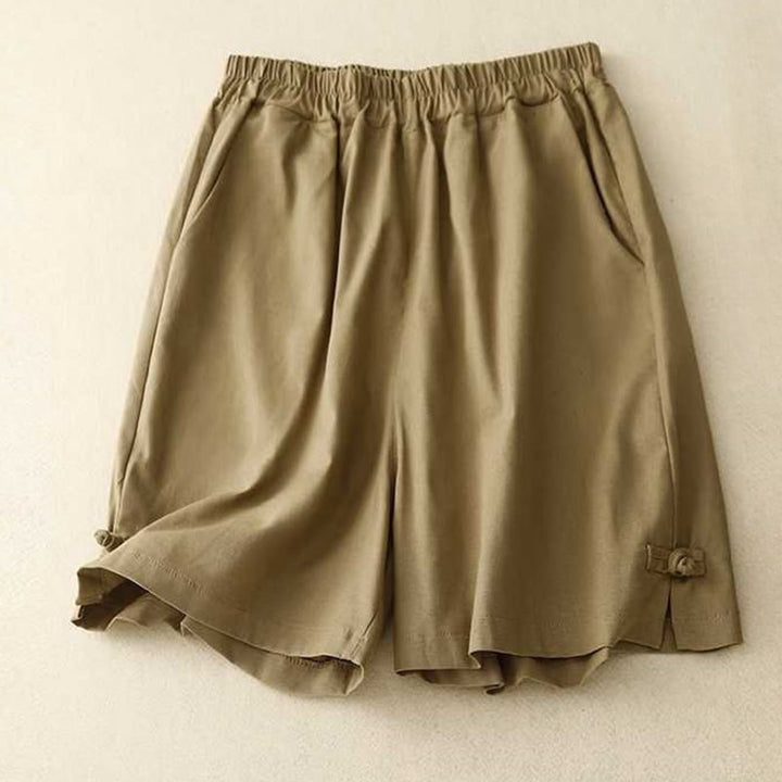 Buddha Stones Summer Casual Loose Plain Frog Button Cotton Linen Women's Shorts With Pockets