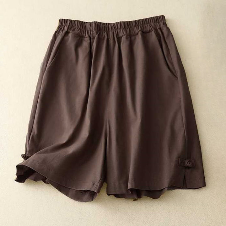 Buddha Stones Summer Casual Loose Plain Frog Button Cotton Linen Women's Shorts With Pockets