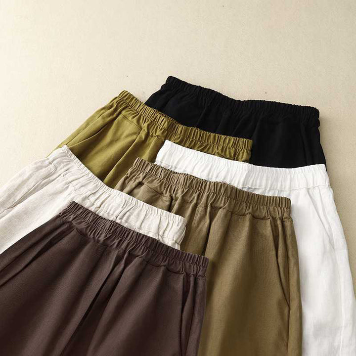 Buddha Stones Summer Casual Loose Plain Frog Button Cotton Linen Women's Shorts With Pockets
