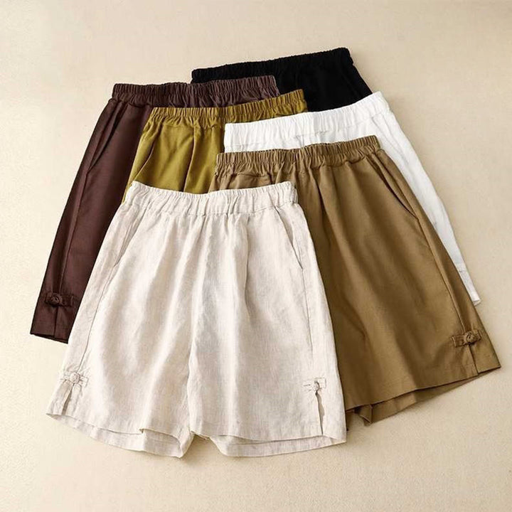 Buddha Stones Summer Casual Loose Plain Frog Button Cotton Linen Women's Shorts With Pockets