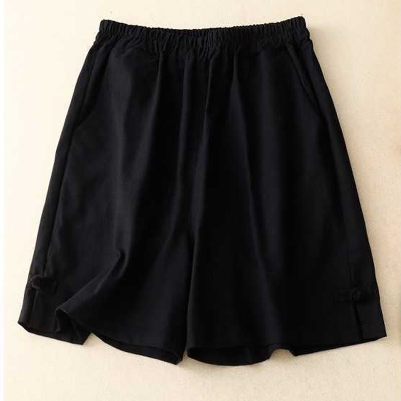 Buddha Stones Summer Casual Loose Plain Frog Button Cotton Linen Women's Shorts With Pockets