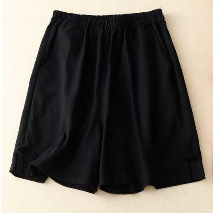 Buddha Stones Summer Casual Loose Plain Frog Button Cotton Linen Women's Shorts With Pockets