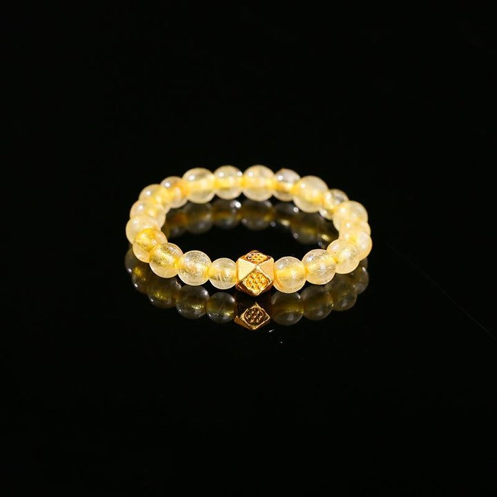 Buddha Stones 3mm Golden Rutilated Quartz Beads Wealth Elastic String Ring