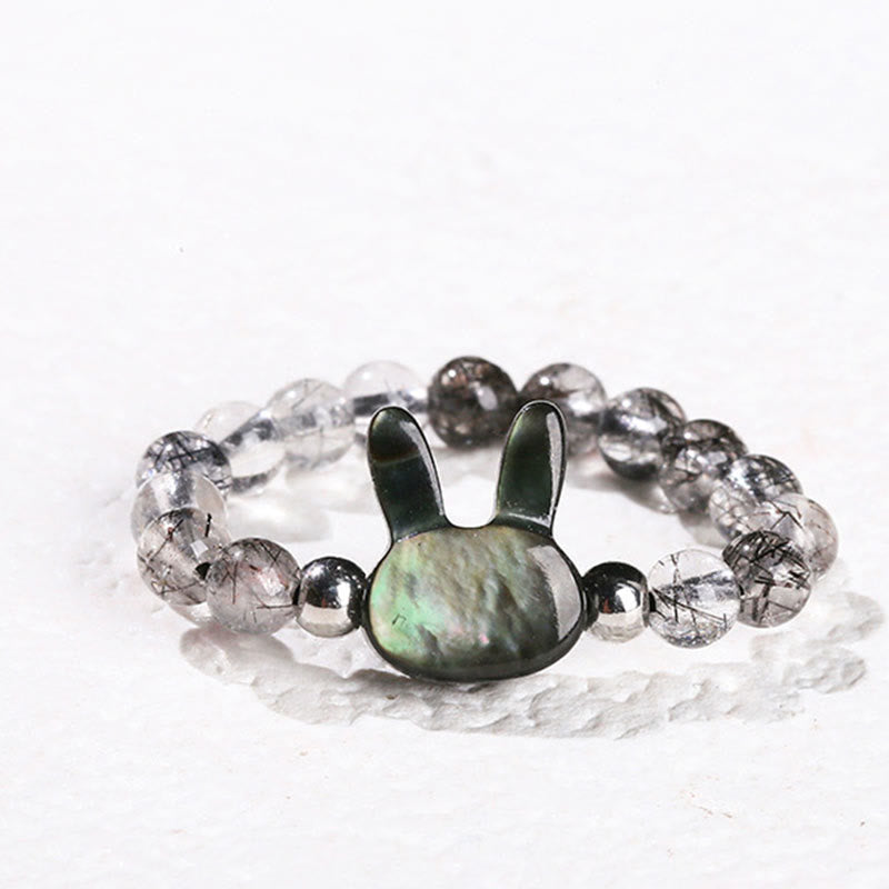 Buddha Stones 3mm Black Rutilated Quartz Tridacna Stone Rabbit Cat Ring - Rabbit(63mm Elastic String) - image 1