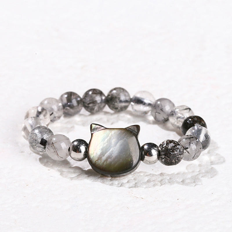 Buddha Stones 3mm Black Rutilated Quartz Tridacna Stone Rabbit Cat Ring