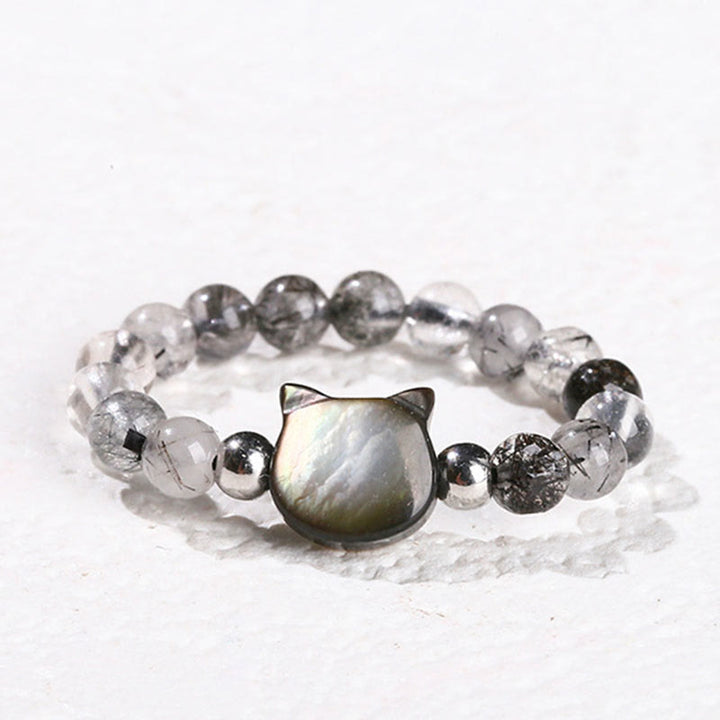 Buddha Stones 3mm Black Rutilated Quartz Tridacna Stone Rabbit Cat Ring