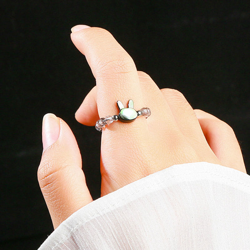 Buddha Stones 3mm Black Rutilated Quartz Tridacna Stone Rabbit Cat Ring
