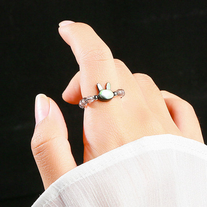 Buddha Stones 3mm Black Rutilated Quartz Tridacna Stone Rabbit Cat Ring