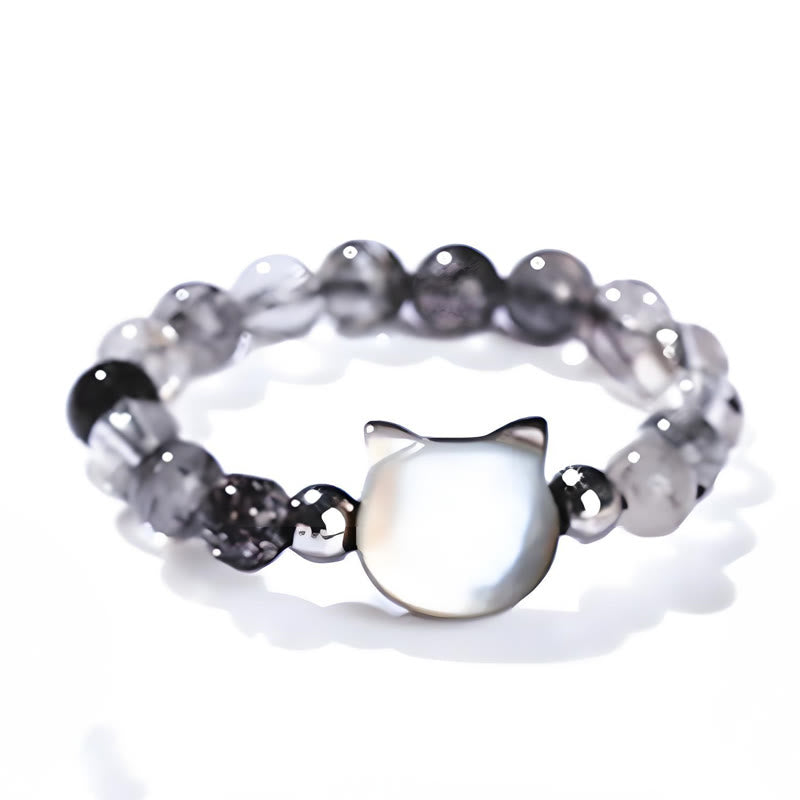 Buddha Stones 3mm Black Rutilated Quartz Tridacna Stone Rabbit Cat Ring - image 13