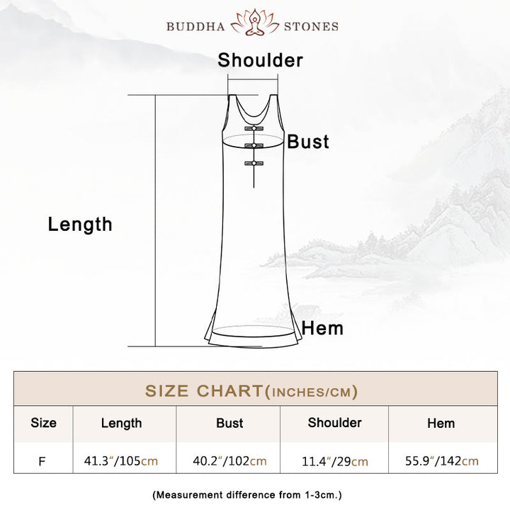 Buddha Stones Frog-Button Sleeveless Cami Midi Dress Ramie Linen Wide Leg Pants With Pockets