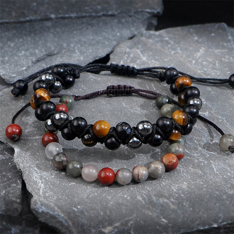 Buddha Stones 3Pcs Black Onyx Tiger Eye African Bloodstone Protection Support Set