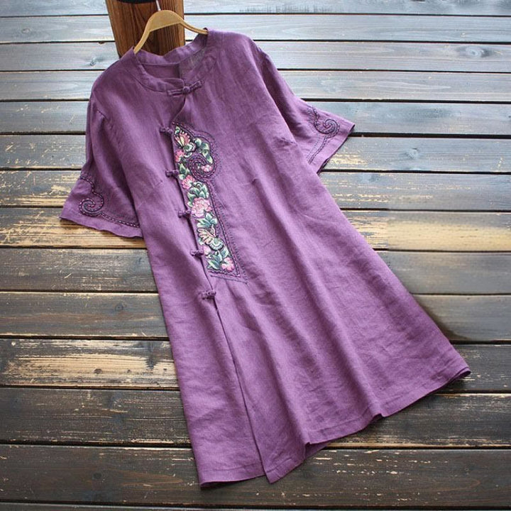 Buddha Stones Casual Loose Stand Collar Button Embroidery Half Sleeve Design Polyester Midi Dress