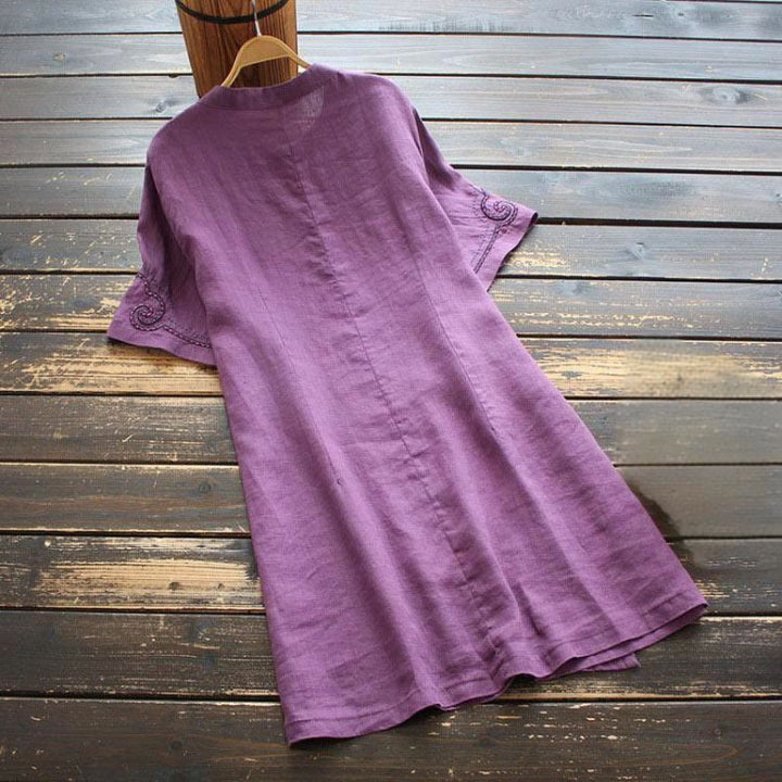 Buddha Stones Casual Loose Stand Collar Button Embroidery Half Sleeve Design Polyester Midi Dress