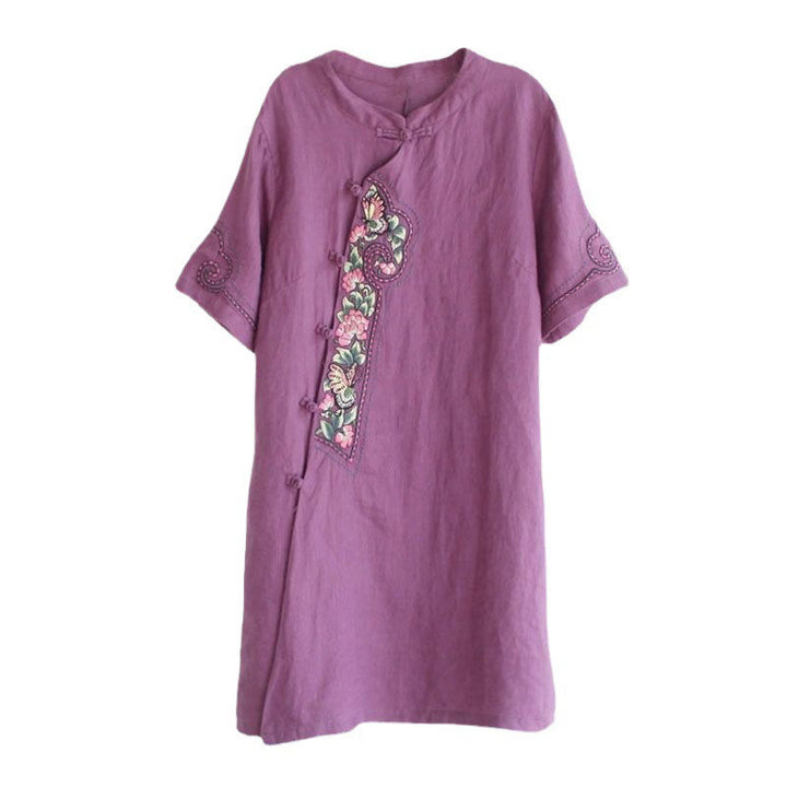 Buddha Stones Casual Loose Stand Collar Button Embroidery Half Sleeve Design Polyester Midi Dress